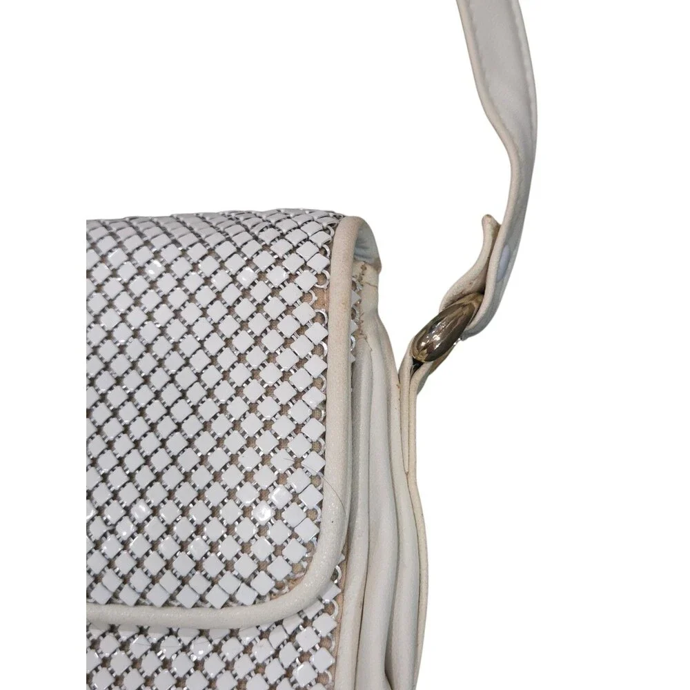 Vintage 70s Whiting & Davis White Enamel Metal Mesh Crossbody Shoulder Bag Purse